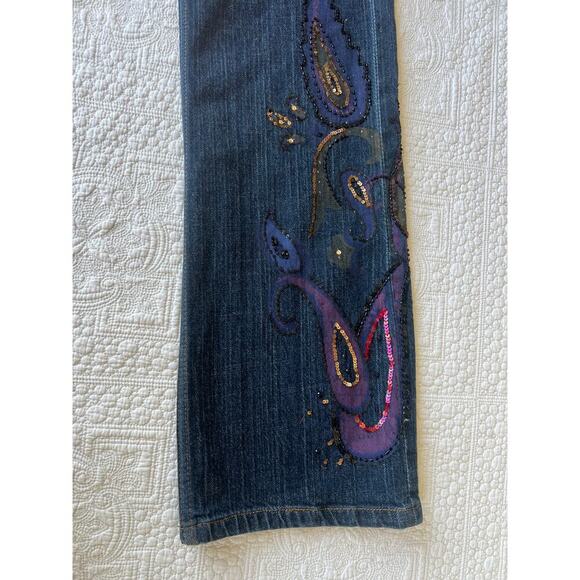 Chico's 1  (S-8) woman's denim jeans with painting and sequin embellishments. - Picture 6 of 9